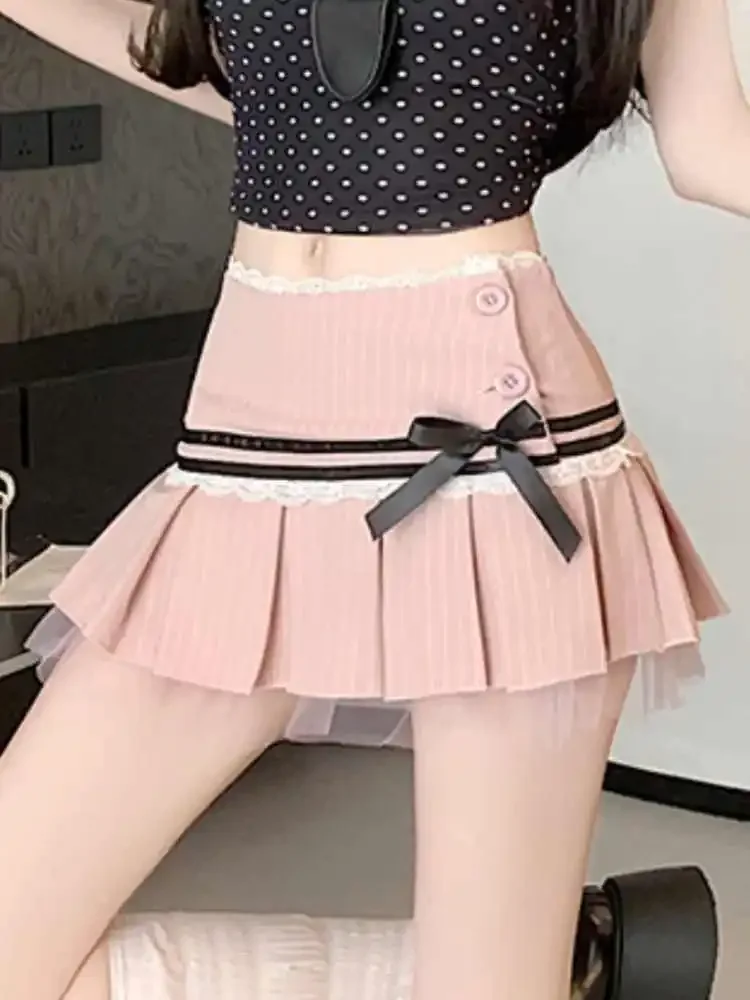 夏の韓国の甘いストライプピンクプリーツスカート女性のエレガントな弓ハイトウエスト A ラインスカート Y2k セクシーなレースストリートミニスカート