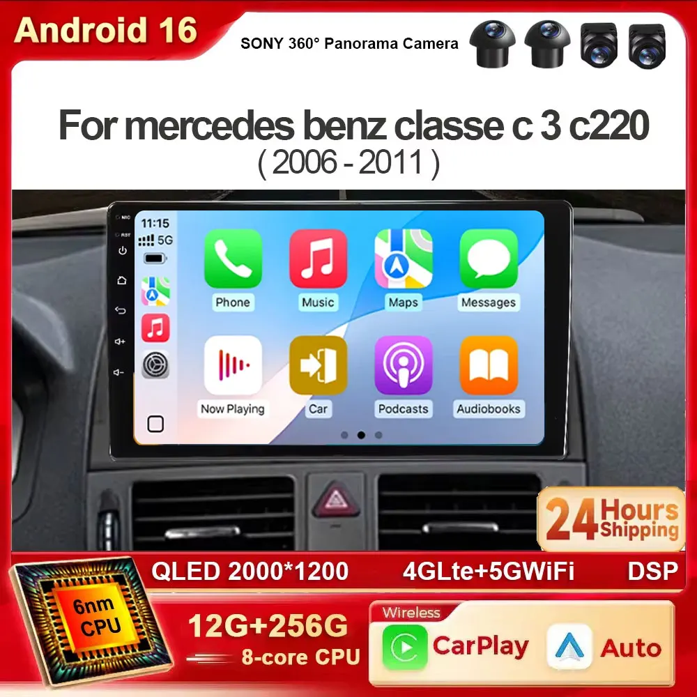 Android 16 Carplay Auto For Mercedes Benz C Class 3 W204 S204 2006 2007 2008 2009 - 2011 Multimedia Stereo Player GPS 4G+WIFI 36
