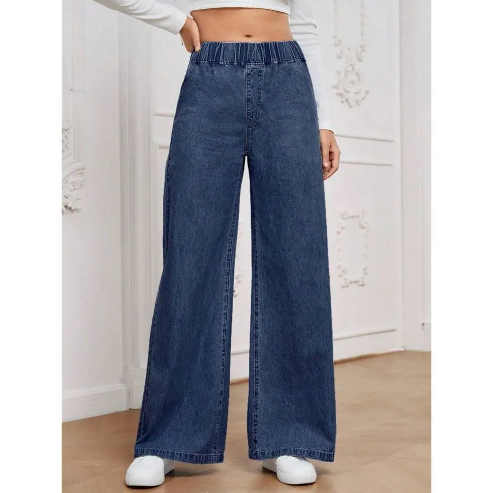 Fashion Mens Wide Leg Jeans Loose Fit Straight Denim Trousers Elastic Waist Casual Comfort Streetwear Style Blue Wash