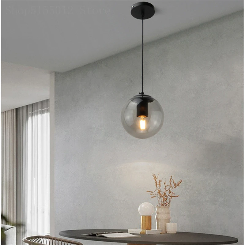 Lámpara colgante de cristal gris ahumado para comedor, iluminación de decoración de dormitorio, bola de cristal, E27