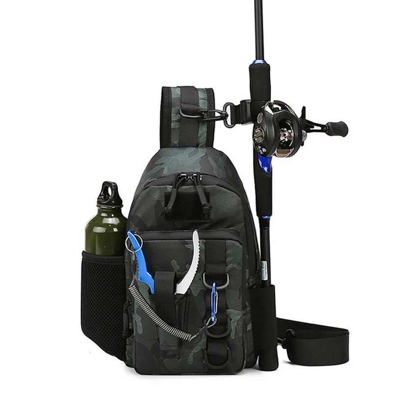 Tactical Fishing Chest Bag with Rod Holder Outdoor Camping Hiking Climbing Crossbody Bag Sports Riding Cycling Chest Backpack