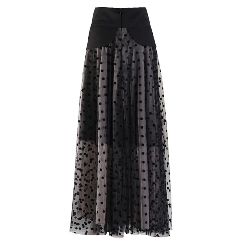 CHICEVER ภาษาฝรั่งเศสคํา Retro Dot พิมพ์ตาข่ายกระโปรงผู้หญิงสูงเอว Patchwork Lace Up Temperament ชุดราตรี Maxi กระโปรงหญิงใหม่