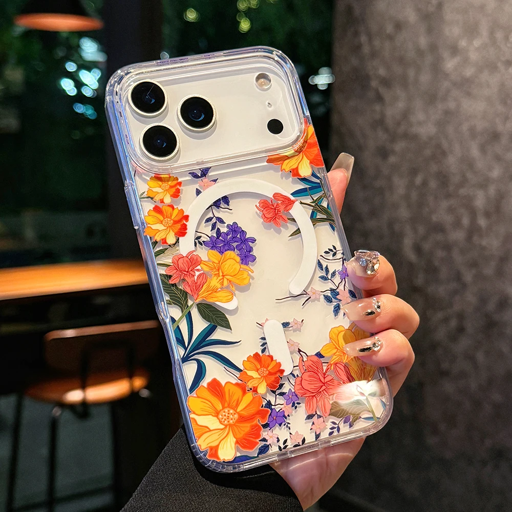 Luxuriöse Transparente Blumen-Magsafe-Handyhülle für iPhone 18 17 16 15 14 13 Pro Max 16E Magnetische Kabellose Ladefunktion Stoßfeste Hülle – Detail 4