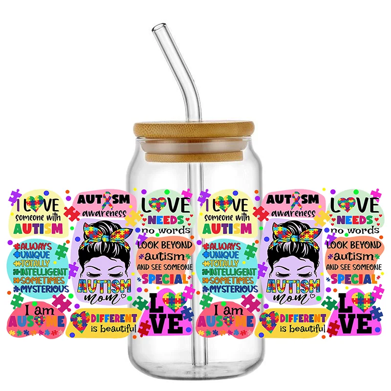 Easy peel waterproof DIY Decals autism suicide 3D transfers uvdtf crystal stickers 16oz uv dtf cup wraps for Libbey Glasses can