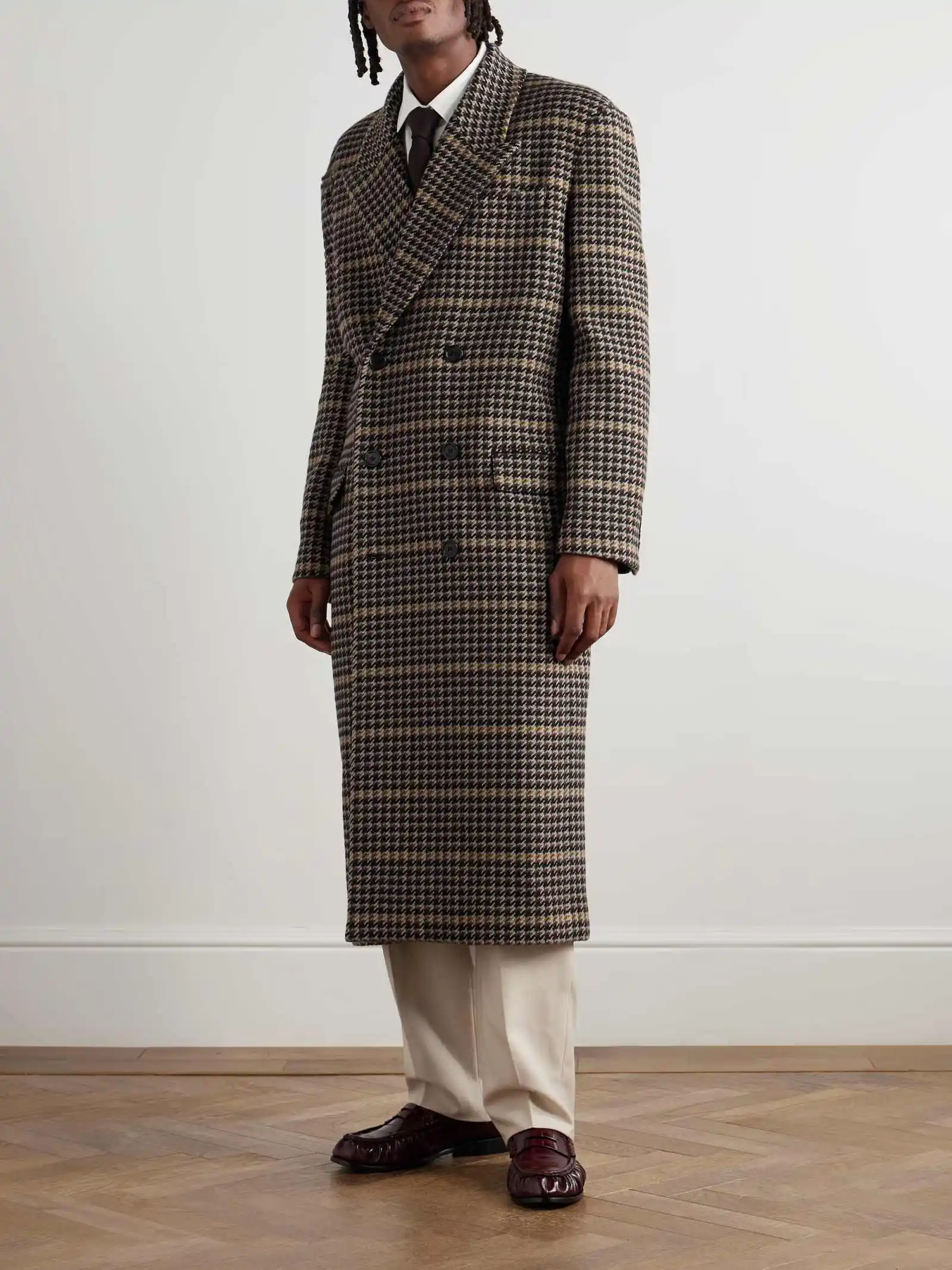 Classic Men's Houndstooth Wool Blends Trench Coat Double Breasted Peaked Lapel Long Overcoat Formal Outwear Custom Made