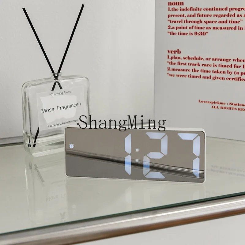 

PYHand white mirror voice-activated alarm clock dormitory bedside desktop temperature calendar electronic clock
