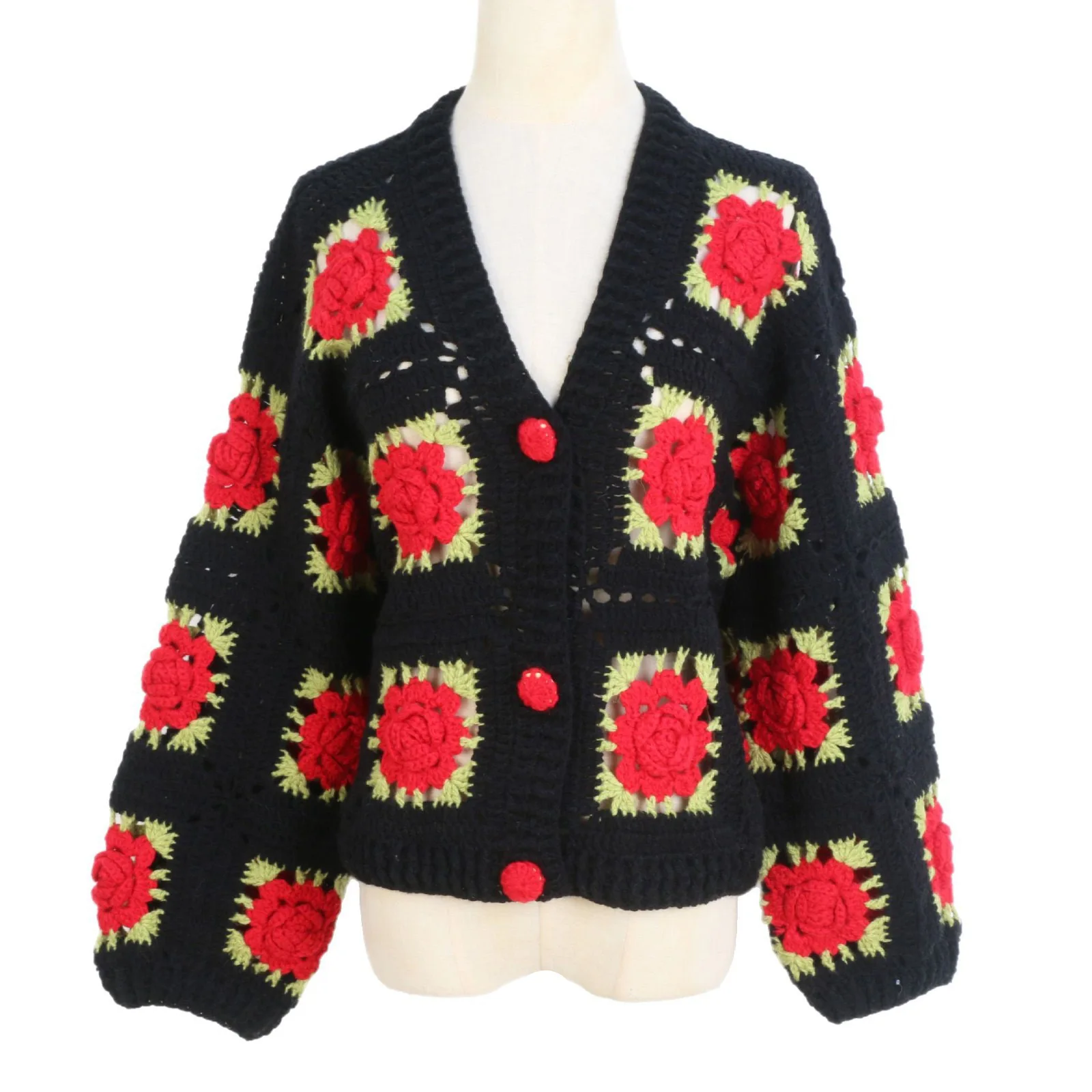 

Spring and Autumn Knitted Cardigan Solid Color Handhook Three-dimensional Rose Hollow Lazy Temperament V-neck Long Sleeve Top fo