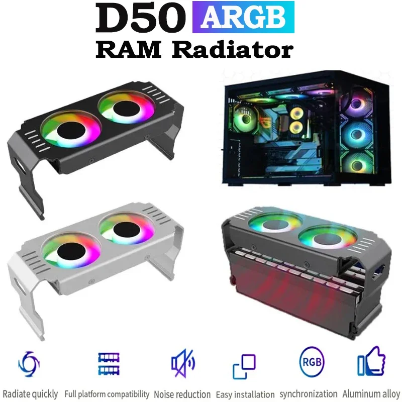 

RAM Memory Heat Sink Cooling Dual Fans 4Pin PWM/5V 3Pin ARGB Synchronous Lighting Effect RAM Heatsink Cooler for DDR4 DDR5