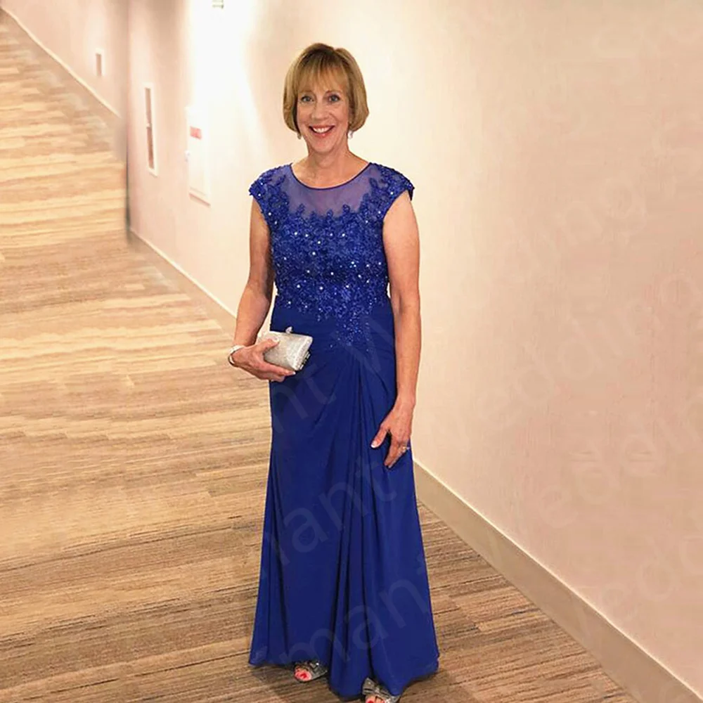 On Sale Classic Royal Blue Mother of the Bride Dresses Lace Cap Sleeves   Round Neck Wedding Party Gowns Beaded