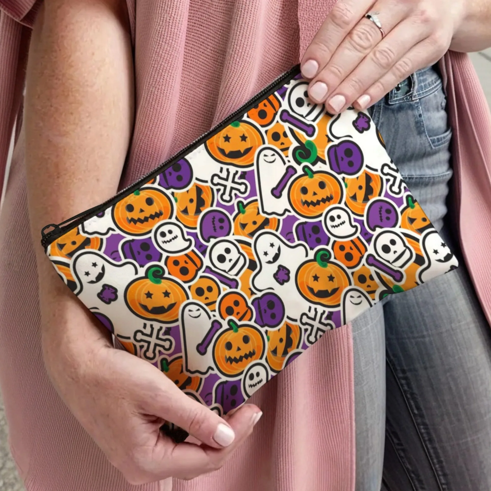 Multicolored Cartoon Halloween Cosmetic Bag Pumpkins Ghosts Skulls & Crossbones Prints Compartment for Brushes Lip Glosses