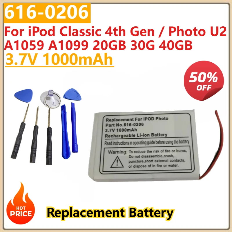 

Высококачественный аккумулятор 616-0206 3,7 В 1000 мАч для iPod Classic 4-го поколения Photo U2 A1099 A1059 20 ГБ 30G 40 ГБ + инструмент
