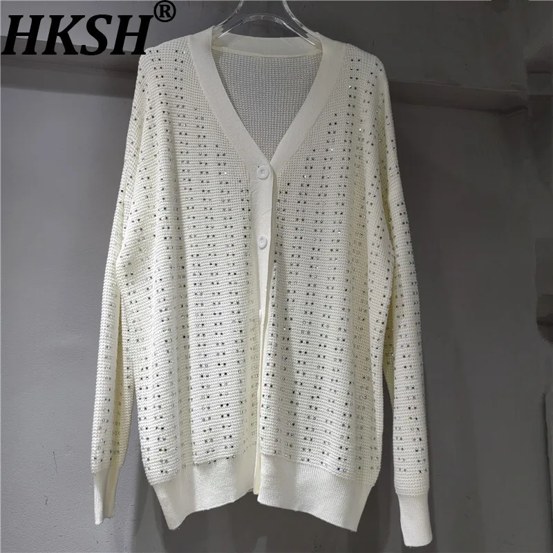 

HKSH осенне-зимний новый женский свитер с v-образным вырезом и длинными рукавами, однобортный вязаный кардиган с шипами и бриллиантами, элегантное пальто HK15783