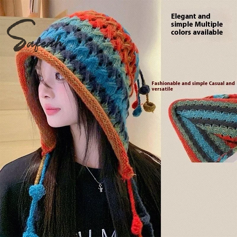 Cute Cold Proof Knitted Ear Protection Hat Autumn Winter Plu Hats for Women Large Head Circumference Face Slimming Windproof Cap