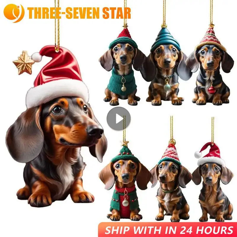 2D Cartoon Dog Christmas Ornament Acrylic Car Interior Accessories Dachshund Dog Hanging Charm Xmas Tree Pendant Decorations