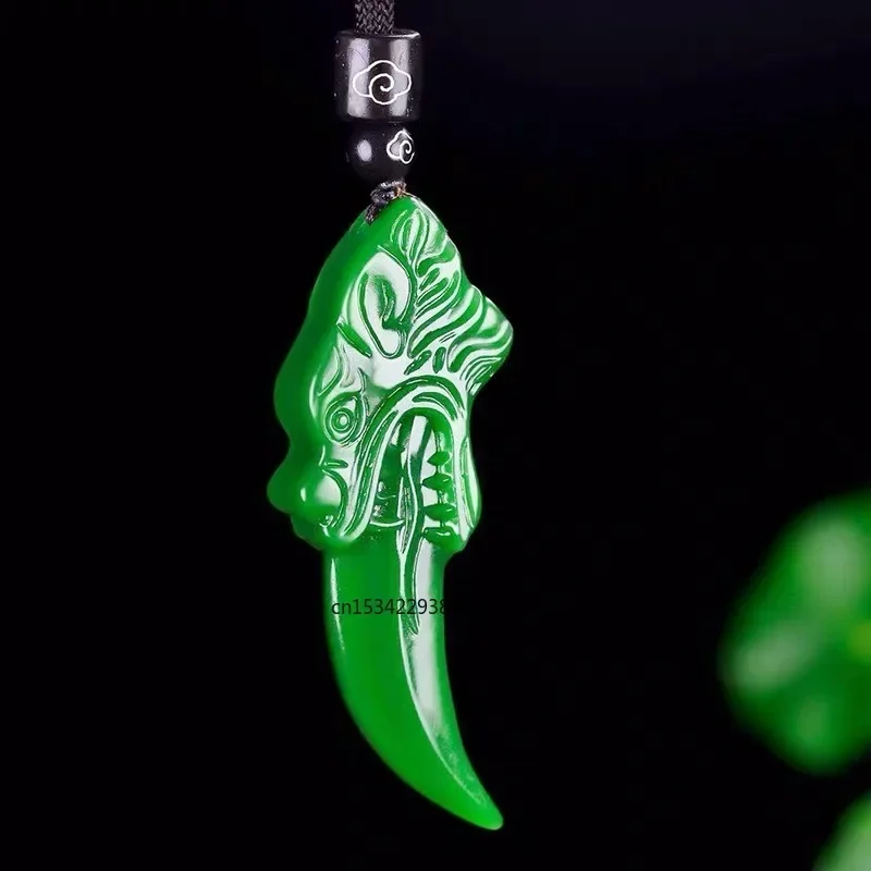 Natural Green Jade Wolf Tooth Pendant Necklace Jewellery Fashion Accessories Hand-Carved Man Woman Luck Amulet Sweater Chain