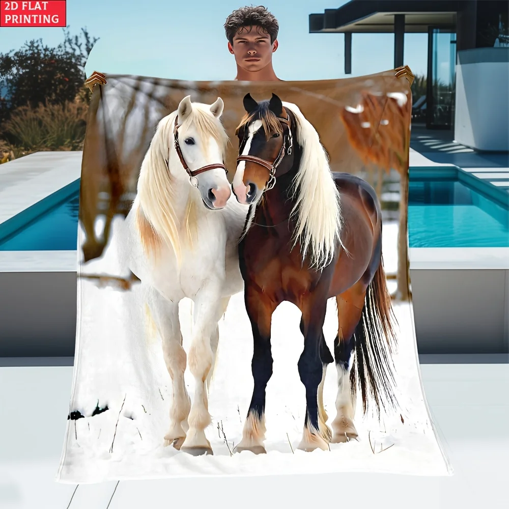 1pc Horses In Pair Printed Outdoor Blanket - Lightweight Flannel Used for Camping, Picnic, Hiking, Tourism, Airplane, Bedroom, O