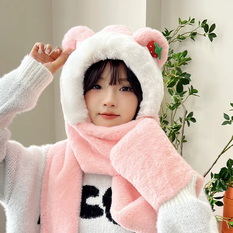 Cute Strawberry Bear Hat Scarf For Women Autumn And Winter Plush Warm Neck Versatile Cycling Cold Protection Ear Protection