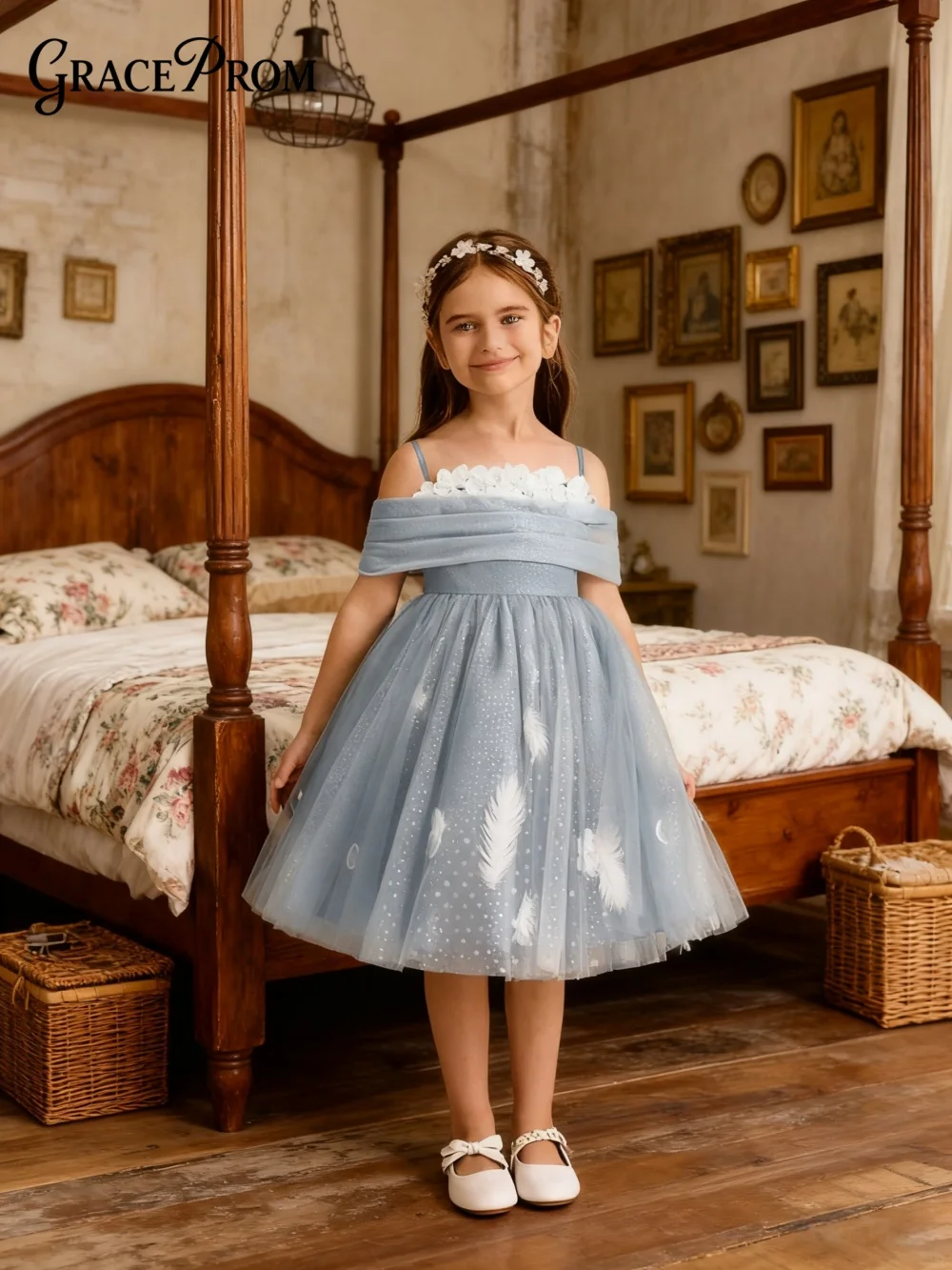 Cute Spaghetti Strap Ring Girl Dress Girl Stage Show Dress Girl Princess Dress Classic 3D Floral Floor-Length Party Gown