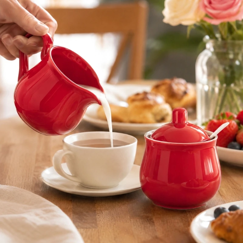 Creamer and Covered Sugar Dish Set for Coffee Service, Pouring Vessel with Grip Handle and Knob Lid for Breakfast and Tea 37JD
