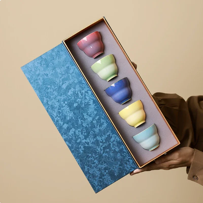 Colorful Kiln Transformed Ceramic Tea Cup, 5-color Gourd Master Cup, Tea Bowl, Tea Tasting Cup, Drinking Utensils, Gift Box