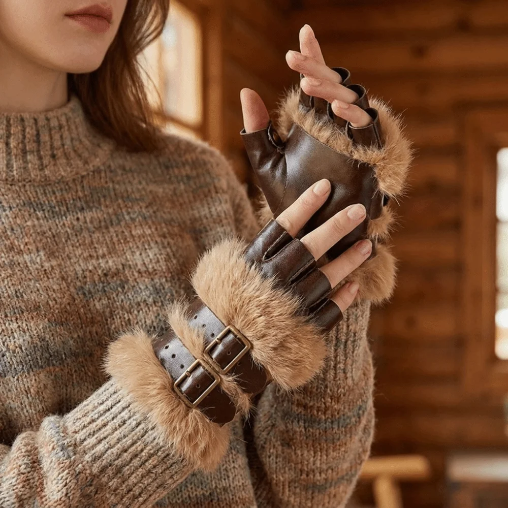 Rock Faux Fur Fingerless Gloves Furry Warm PU Leather Mittens Adjustable Buckle Realistic Gauntlet Viking