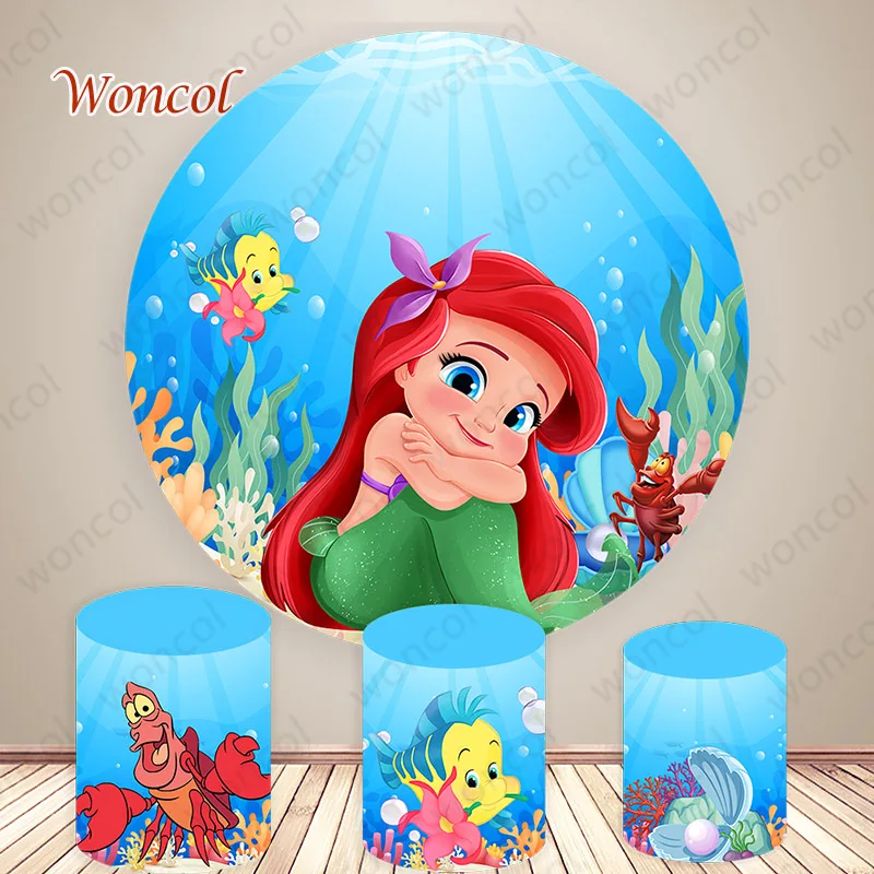 Baby Ariel Round Backdrop Baby Shower Little Mermaid Backdrop  Under The Sea Mermaid Baby Birthday Cylinder Cover Decorations