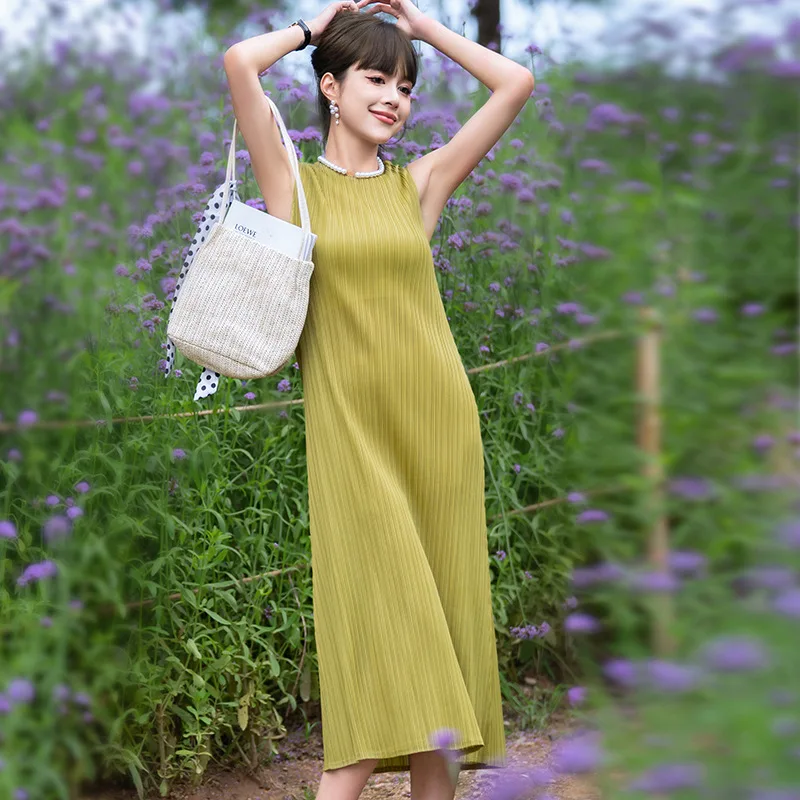 Fold Miyake Pleated Mustard O-Neck Sleeveless Midi Dress Oversize Breathable Summer Women's Casual Dresses Streetwear Clothing