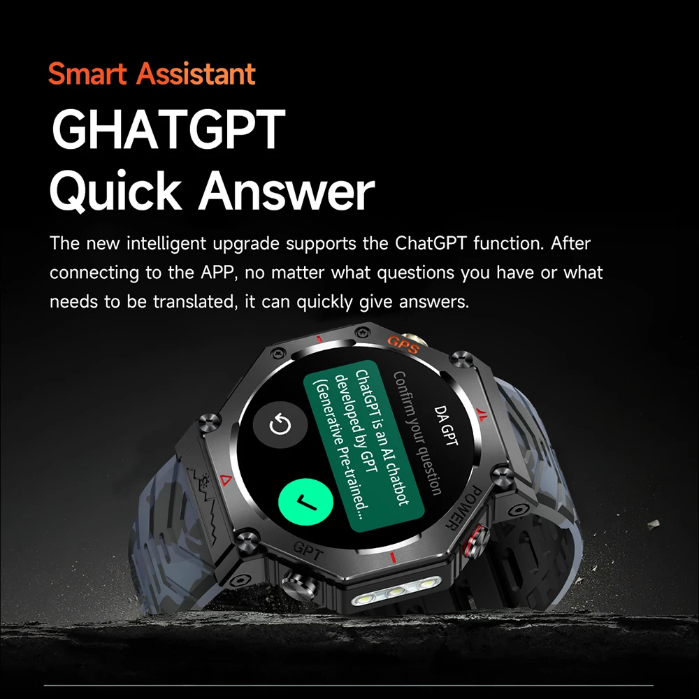 GPS 스마트 시계 야외 피트니스 트래커 스포츠 Smartwatch 손전등 심박수 모니터 보수계 AI Assistant For ChaatGPT 3 ATM