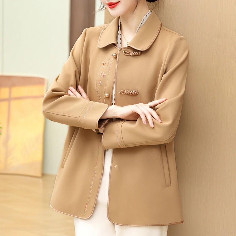 

Autumn Winter Women Windbreaker Coat 2025New Mid Long Embroidery Trench Coat Korean Female Tops Jacket Y2K Slim Outwear Clothing
