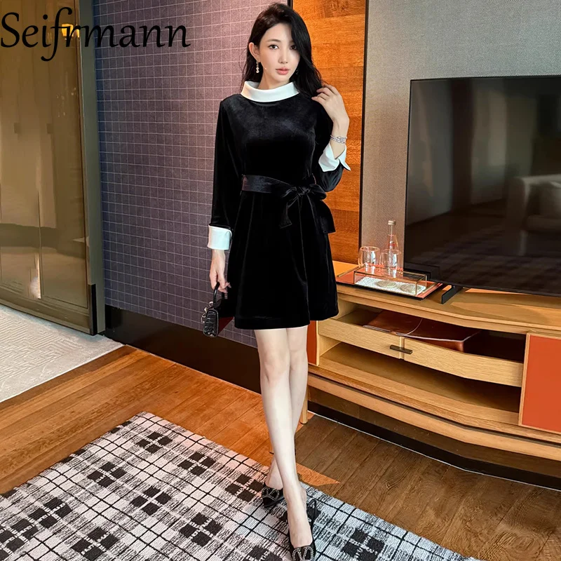 Seifrmann 2026 Spring Women's New Fashionable Stand up Collar Long Sleeve Contrast Belt Waist cinching Dress