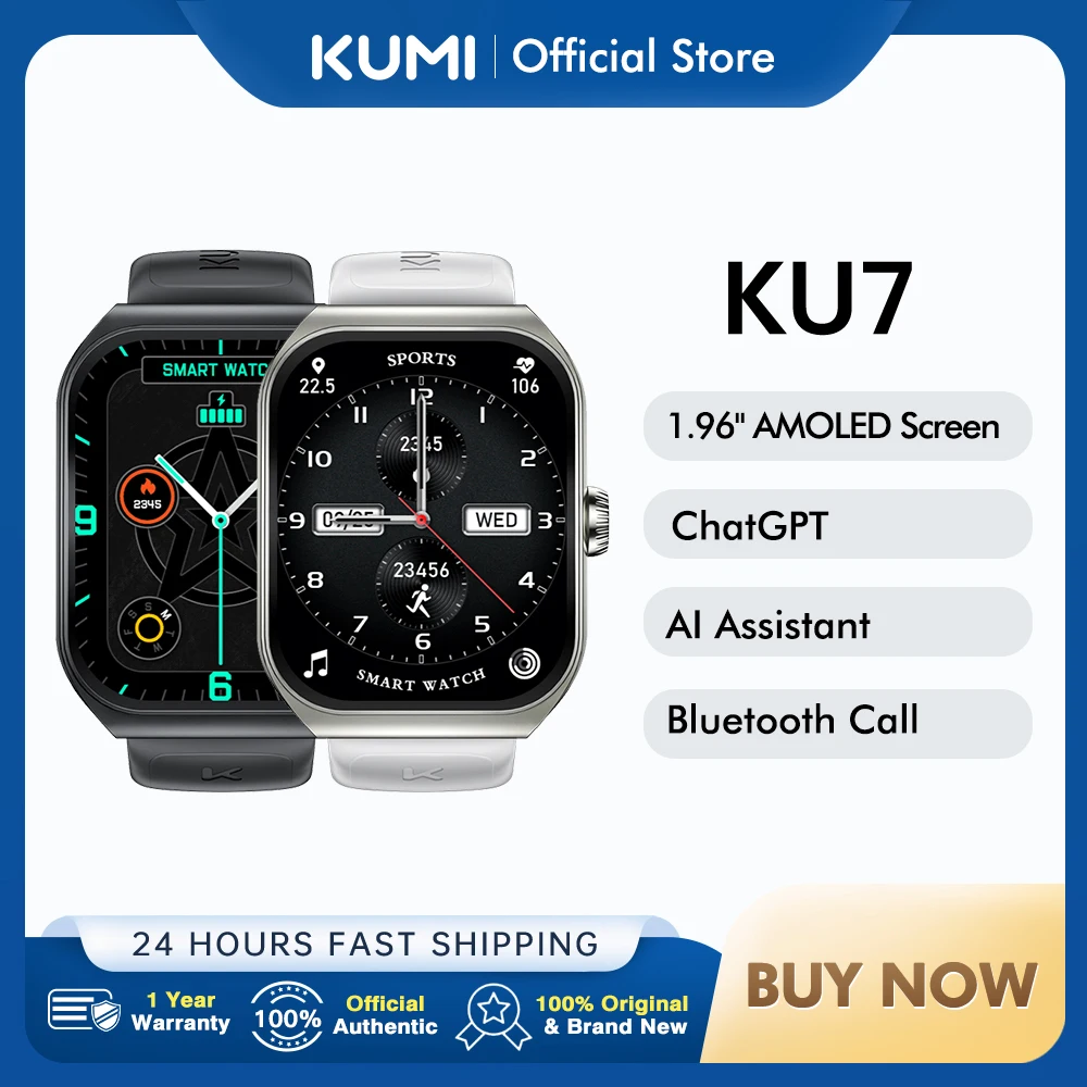 

KUMI KU7 Smartwatches 1.96" Amoled Screen 100+Sport Modes NFC IP68 Waterproof Bluetooth Call Health Sleep Monitoring SOS