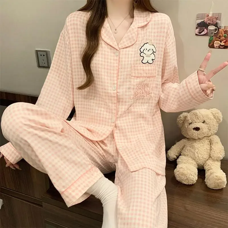 

Sweet Cute Lamb Embroidery Women's Pajamas Pink Y2k Romantic Fashion Cloud Cotton Homewear 2025 Spring Fall New Kawaii Sleepwear