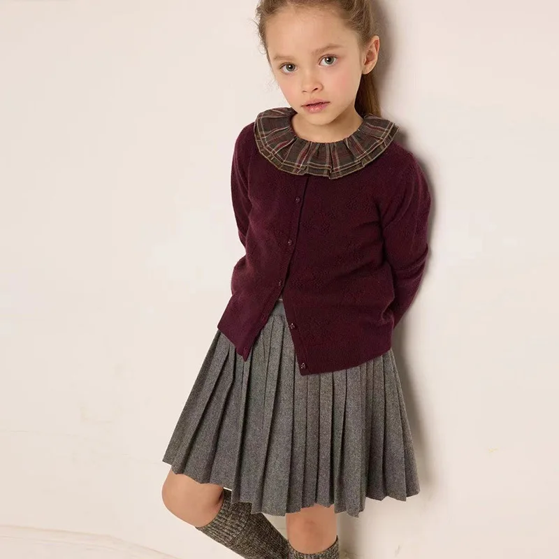 

HoneyCherry New Girls Wool Knit Cardigan Round Neck Long Sleeve Solid Color Openwork Cardigan Knitted Sweater