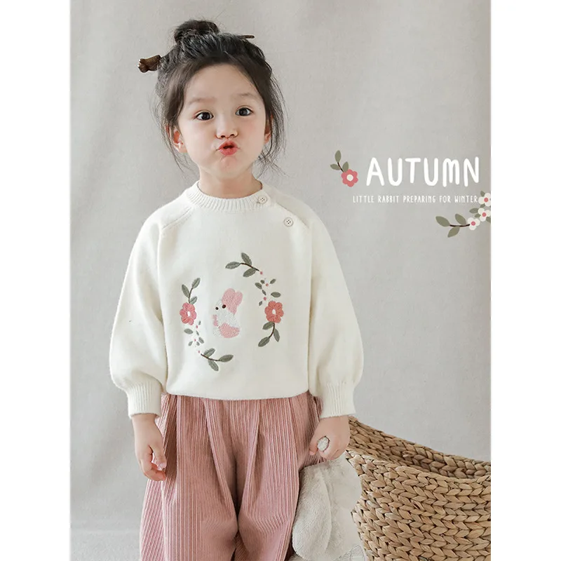 Girls Embroidered Sweater Autumn Fashion Casual Stylish Versatile Children's Ribbed Raglan Knit Cardigan Jacket 3