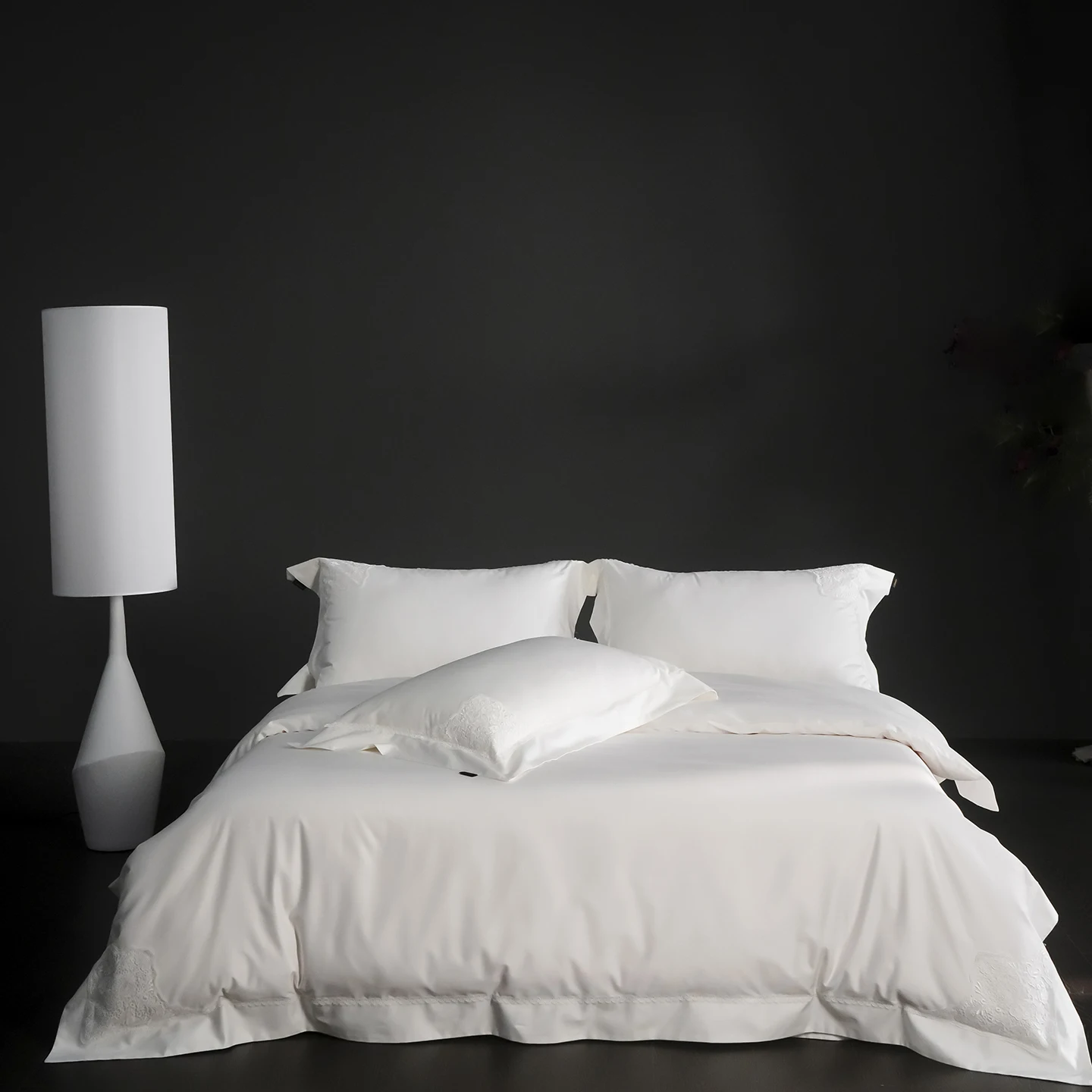 Elegant Lace Embroidery Solid Color Luxury Bedding Set 1000TC Egyptian Cotton Duvet Cover Bed Sheet/Fitted Sheet Pillowcase 4Pcs