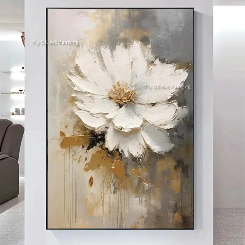 Large Grey White Tree Florals Oil Painting Popular Simple Home Wall Art Handpainted Yellow White Flower Canavs Artwork Decor