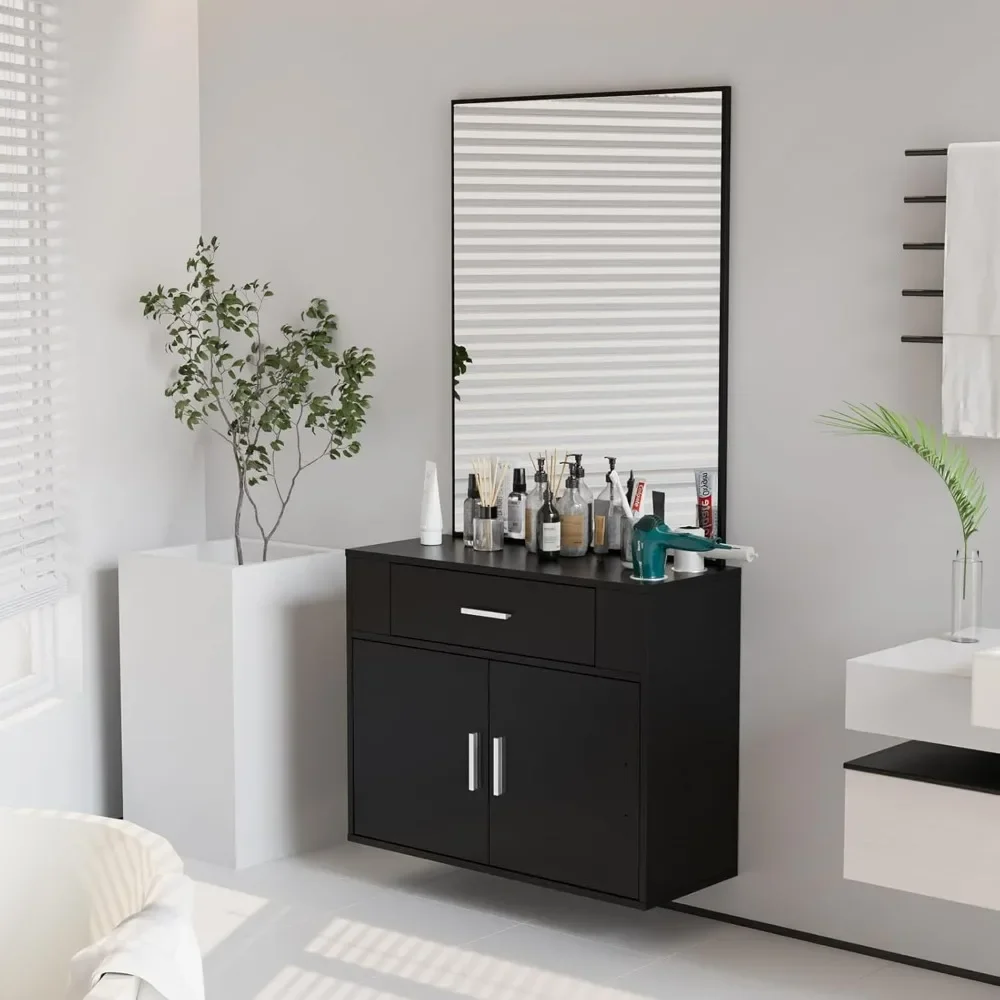 

Salon Station with Mirror, Hair Styling Barber Station, Salon Equipment with 1 Drawer, 1 Storage Cabinet, 2 Hair Dryer Holders