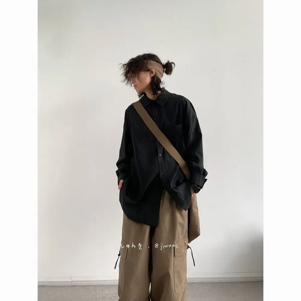 レトロベーシックワークシャツ男性と女性のためのシルエットカジュアル多用途シャツ