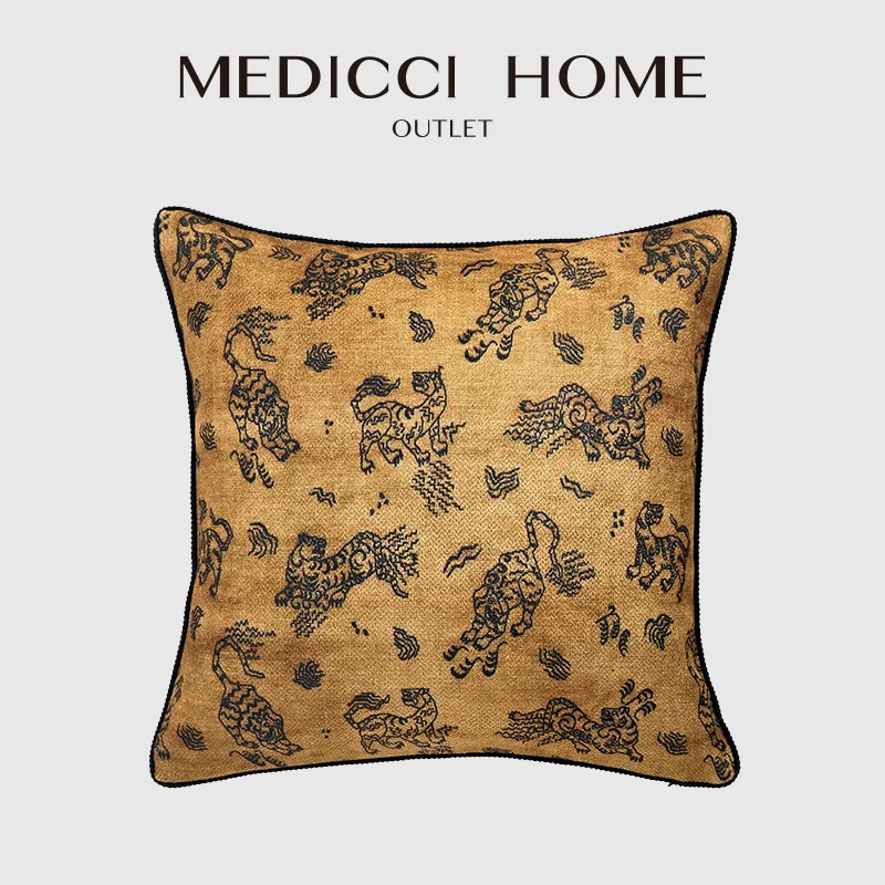 Medicci Home Antique Tibetan Tiger Motifs Decorative Pillowcase Luxury Kinabalu Chenille Gold Colorway Cushion Cover 45x45 50x50