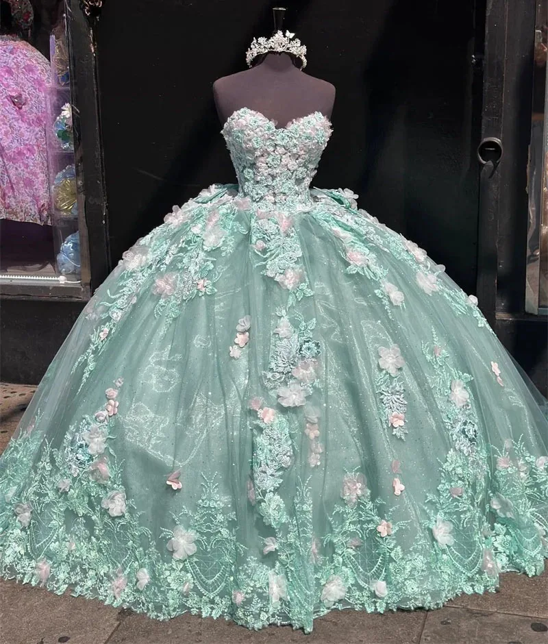 Vestidos de quinceañera Verde menta, vestido de baile, escote Corazón, tul, apliques florales, dulce 16, 15 Años, mexicano