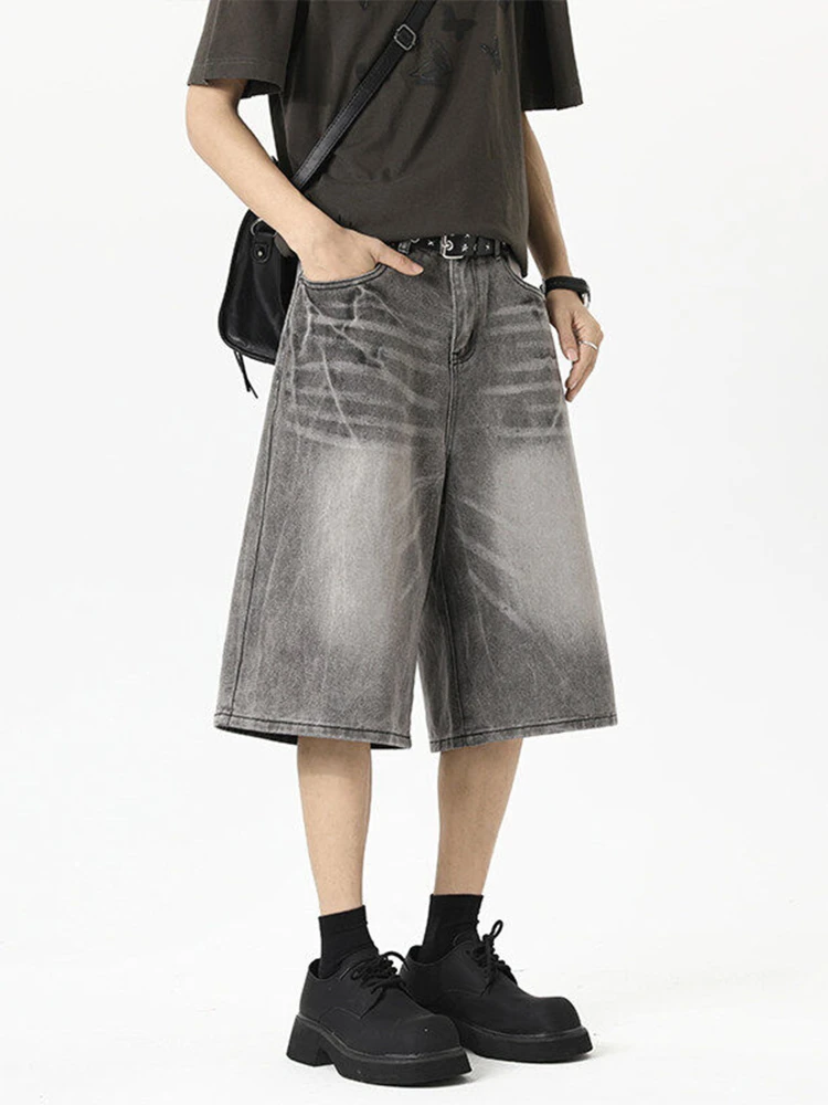 

Мужские джинсы-капри в стиле ретро-американский кэжуал, свободные прямые широкие штанины, модные, с эффектом выцветания, средняя посадка