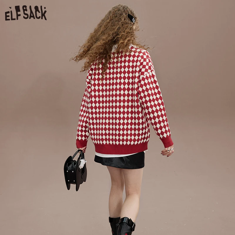 ELFSACK Red Plaid Pullover Sweaters Women 2023 Spring Loose Basic Daily Tops