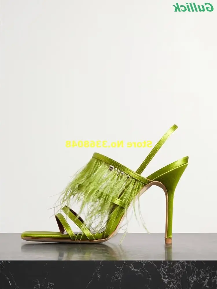 

Feather-trimmed Satin Sandals Square Toe Thin High Heel Back Strap Green Fashion 2024 Women Sandals Stiletto Heel Shoes