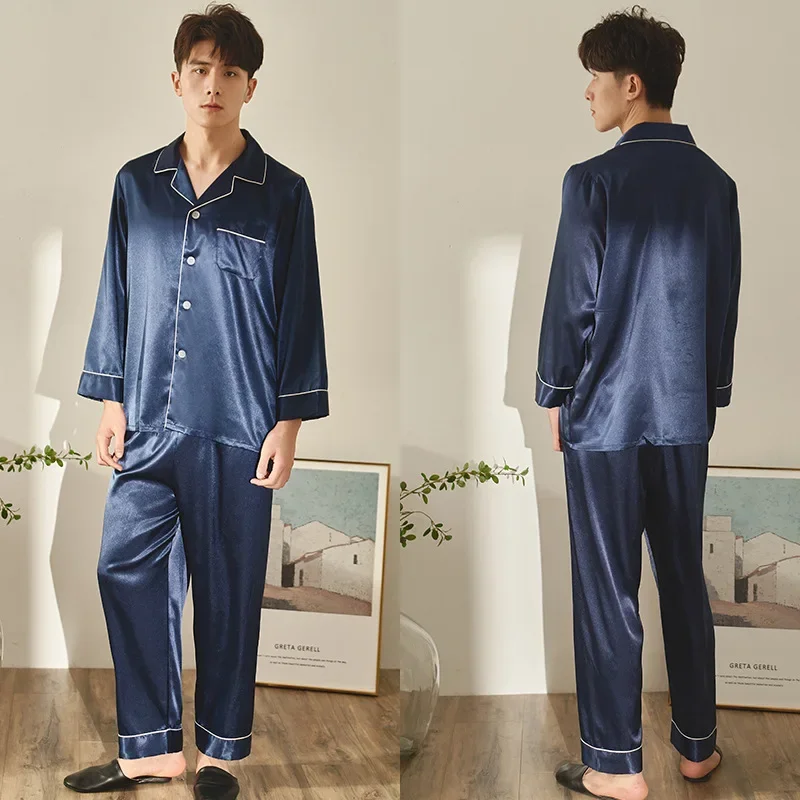 Wholesale men pajamas set luxury blue night sleepsuit set men's sleepwear silk satin pajamas for mens