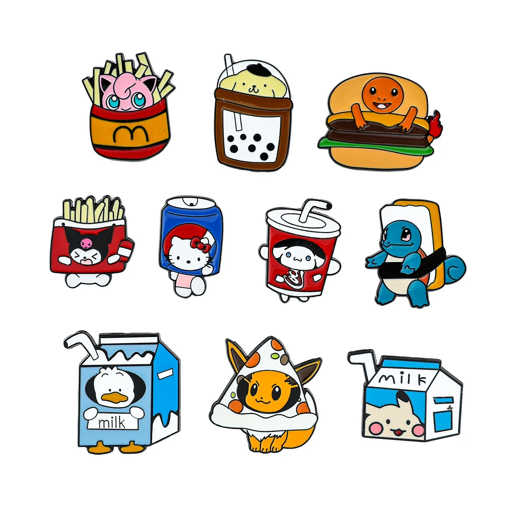 sanrio-cola-hello-kitty-картофель-фри-Куроми-эмалированная-булавка-Покемон-сэндвич-Пикачу-гамбургер-Чармандер-металлический-значок-брошь-подарки