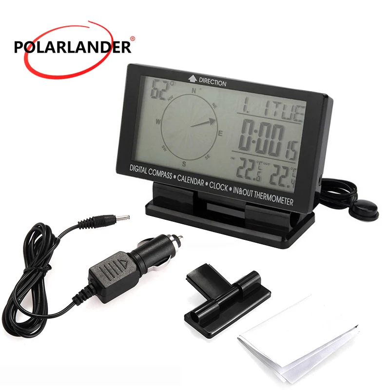 High Precision 5-in-1 Car LCD Display Compass Thermometer Humidity Meter Clock Calendar with Mount Holder Velcro