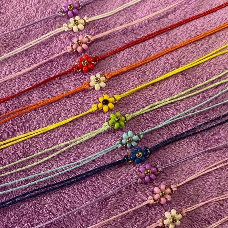 Flower Beaded Bracelets Adjustable Soft Nylon Cord Sweet Cute Jewelry for Teen Girls Summer Camp Daily Wear