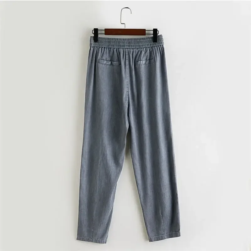 Jeans Harlan finos e soltos para mulheres, cintura elástica, calças de rabanete rachado, verão, 204, A855