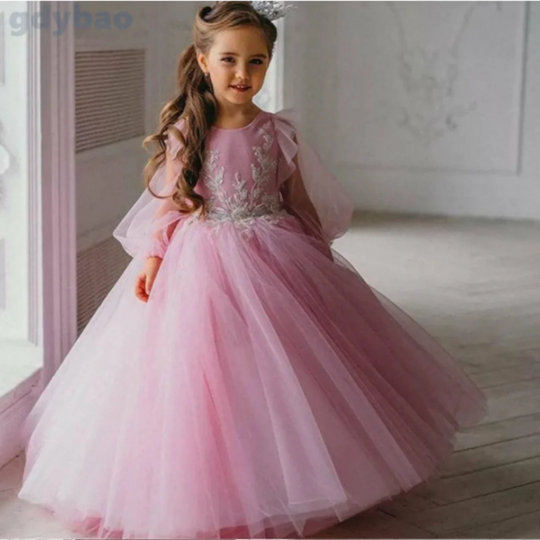 

Flower Girl Dress Tulle Beaded Applique Trailer Long Sleeve Wedding Luxury Little Flower Children Birthday Communion Party Dress