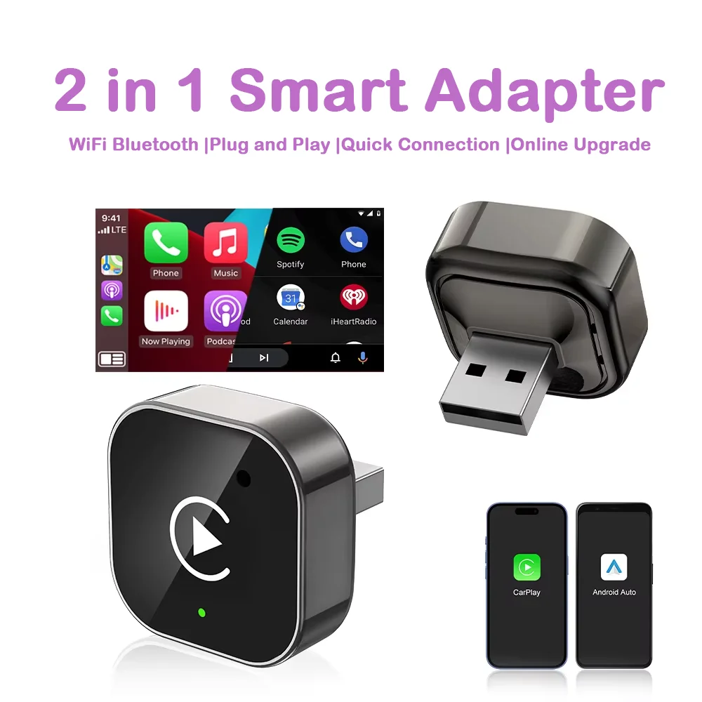 

2 IN 1 Wireless Carplay Android Auto Adapter Wired to Wireless carplay Adapter for iPhone Wireless Control Plug & Play Carplay